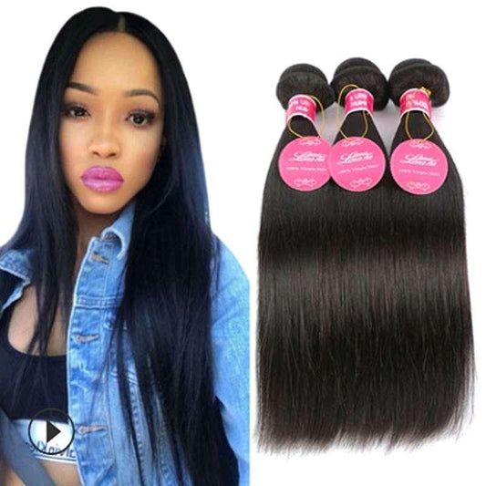 Woman with long black hair wearing 4x4 lace closure with three hair bundles displayed