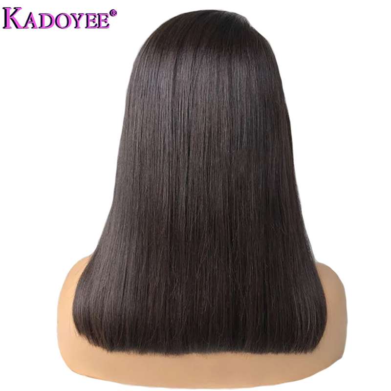 Back view of short bob human hair wig displaying even length and natural black color