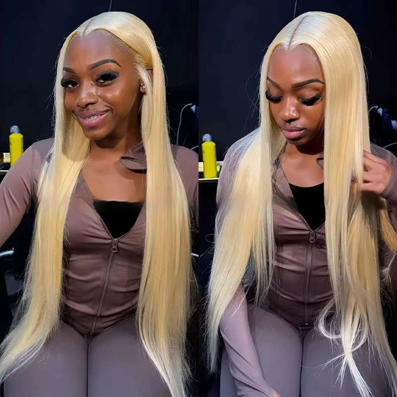 Premium 613 blonde straight human hair lace front wig with natural hairline, 150% density, available in 12-40 inch lengths