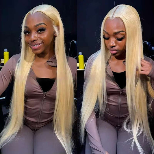 Premium 613 blonde straight human hair lace front wig with natural hairline, 150% density, available in 12-40 inch lengths