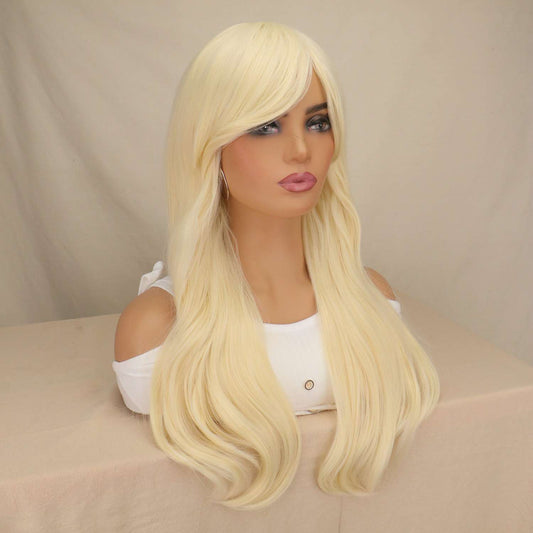 Long blonde straight wig displayed on mannequin showing full length and natural texture