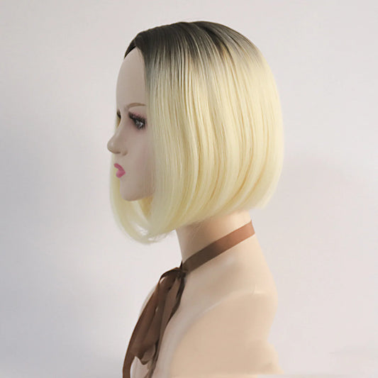 Platinum blonde bob wig side angle view synthetic fiber short style natural look