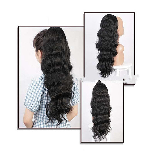 Woman wearing curly ponytail extension showing length and volume