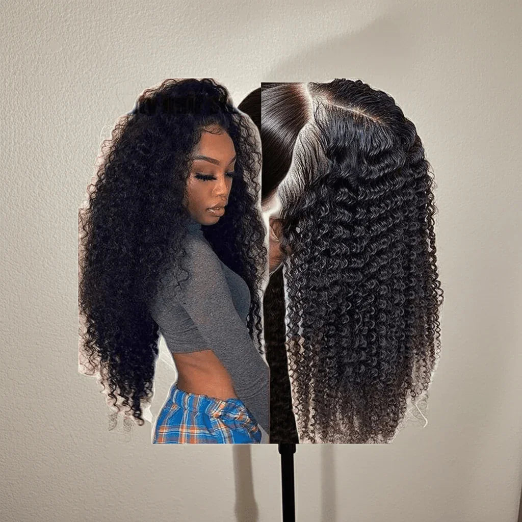 Woman wearing kinky curly lace front wig outdoors showing natural appearance in daylight setting