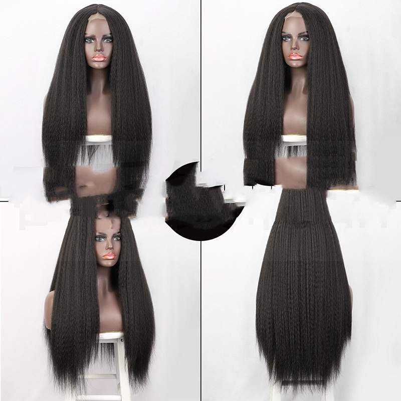 Front view of premium lace front synthetic wig showcasing natural black color and silky straight texture