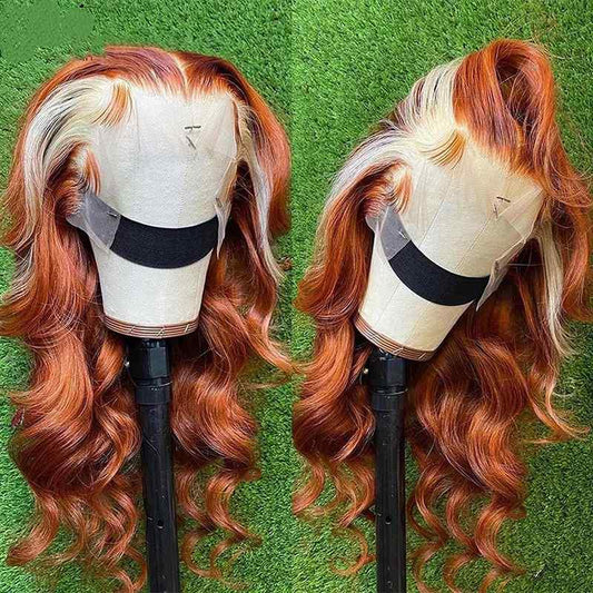 Honey blonde 613 highlight human hair wigs showing color variation and natural wavy texture