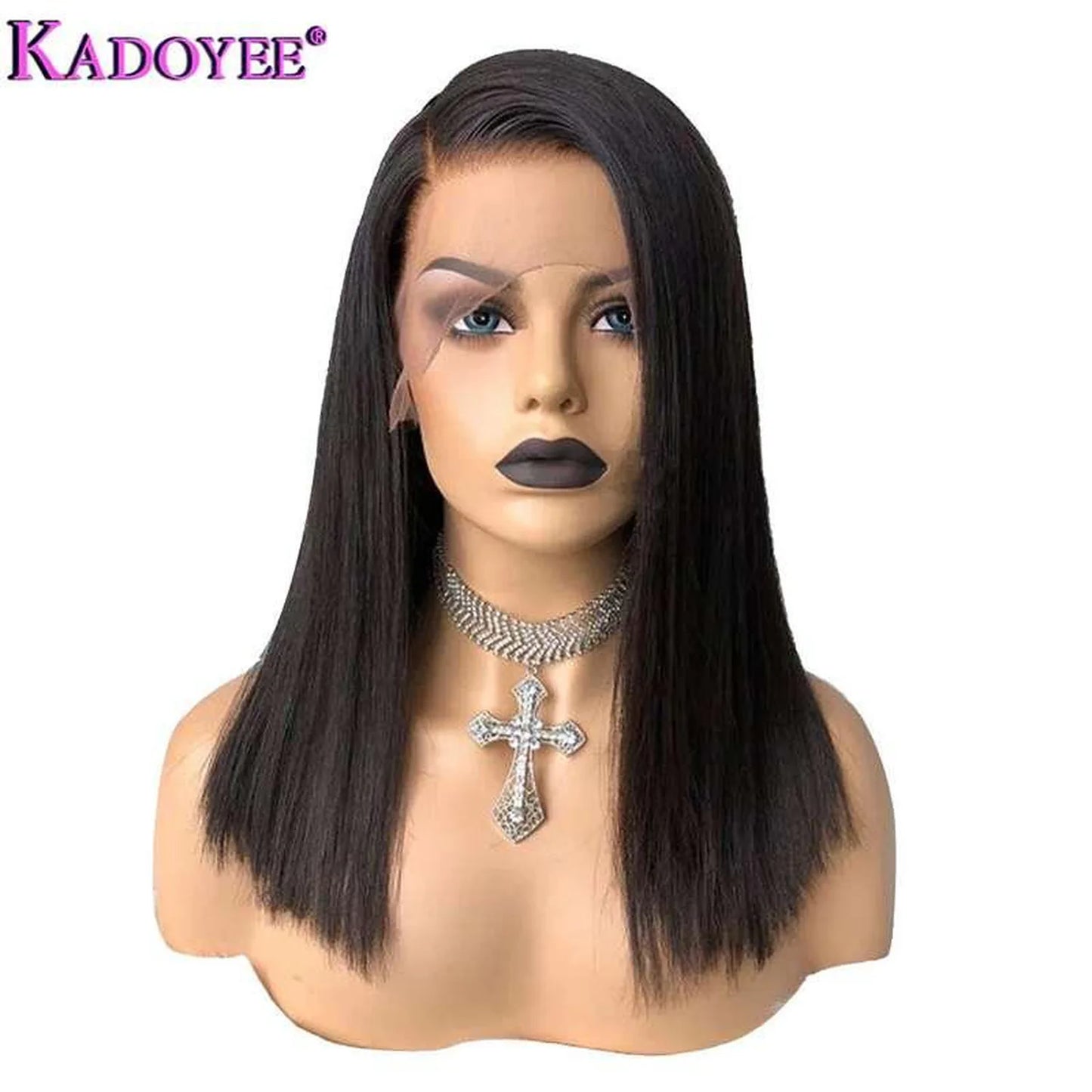 Human hair lace front wig 13x4 natural black bob straight pre-plucked hairline front view