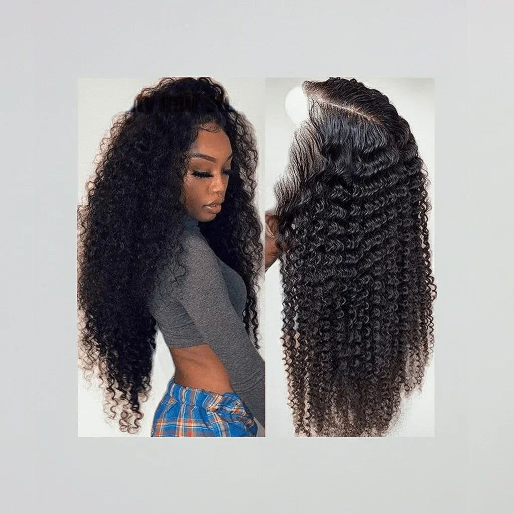 Double angle view of premium kinky curly lace front wig showing consistent curl pattern throughout