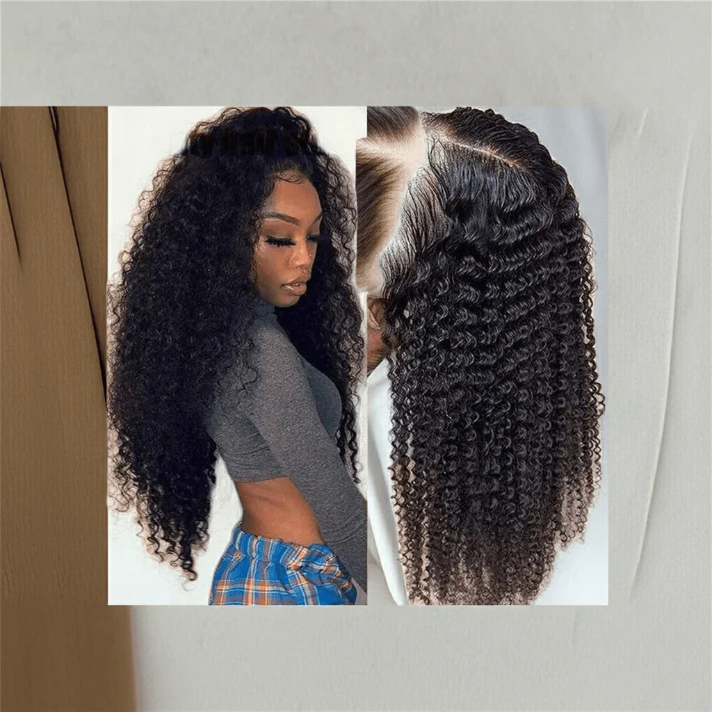 Dual perspective of kinky curly human hair wig highlighting versatile styling options and texture depth
