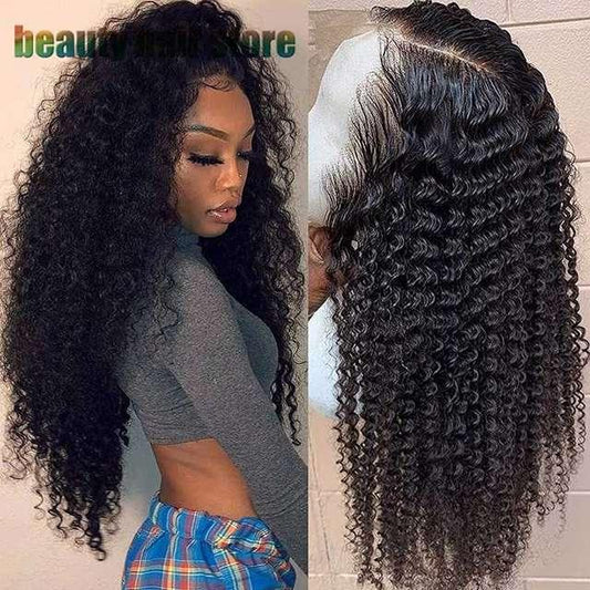 Woman wearing long kinky curly lace front wig shown from front and back with full length