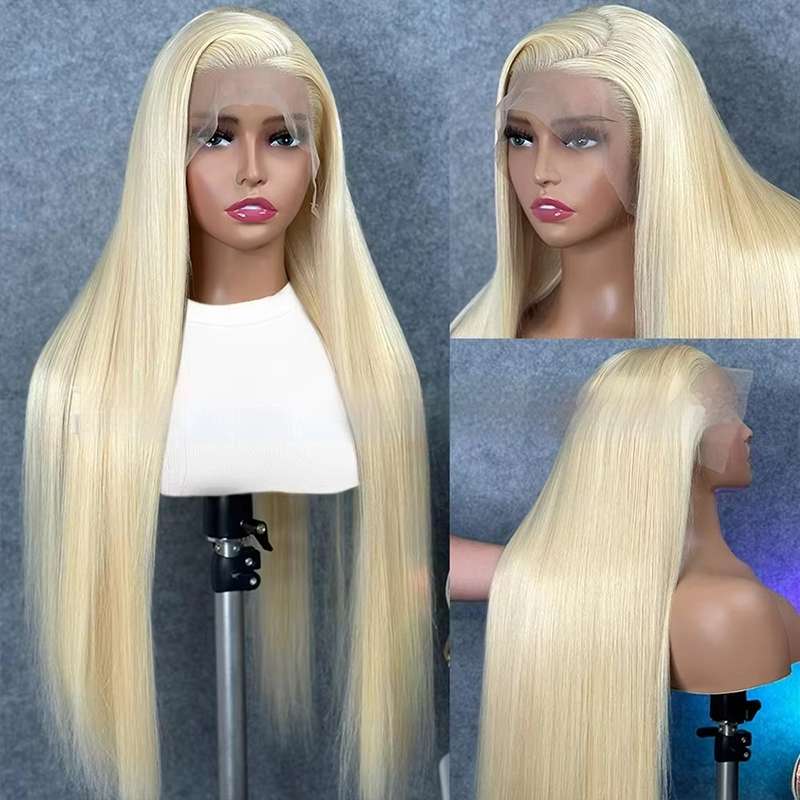 Close-up view of lace front construction on 613 blonde wig showing seamless, undetectable hairline for natural appearance