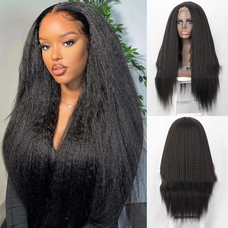 Woman wearing 30 inch long black synthetic lace front wig with natural straight hair and invisible hairline
