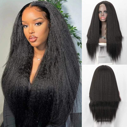 Woman wearing 30 inch long black synthetic lace front wig with natural straight hair and invisible hairline