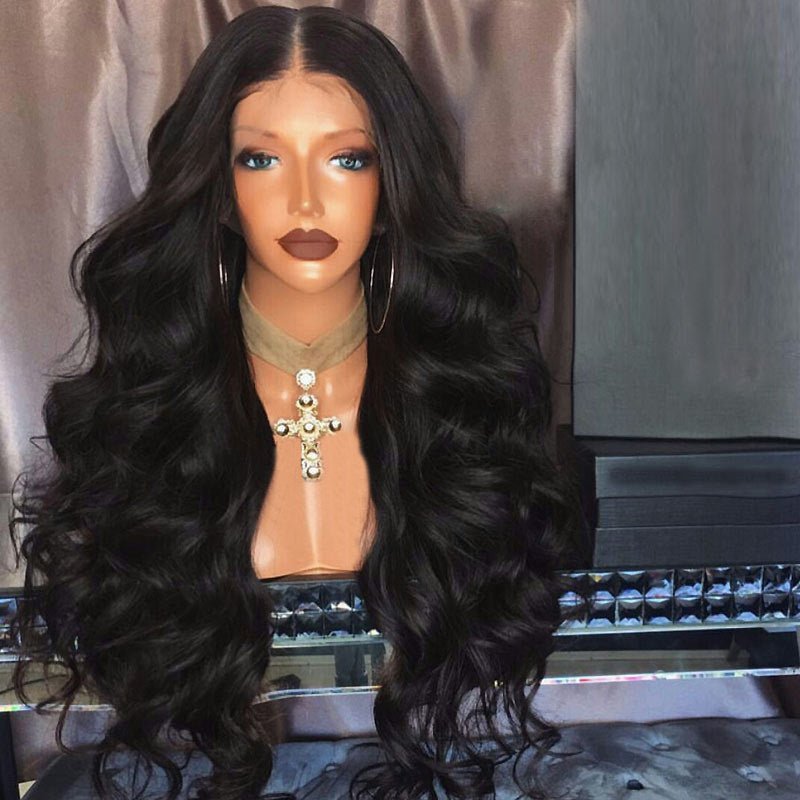 Long black wavy lace front wig on mannequin demonstrating natural movement and premium synthetic fiber quality