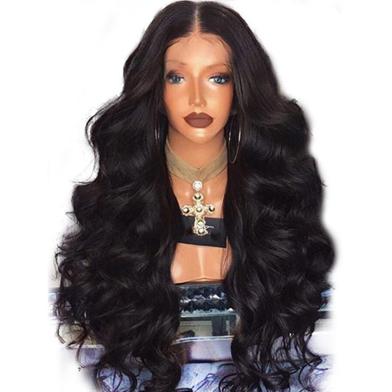 Long black wavy synthetic wig on white background displaying heat-resistant fiber and natural shine