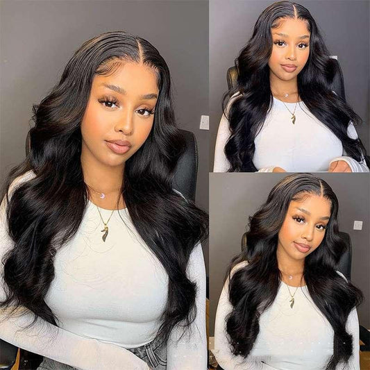 Woman wearing long body wave lace front wig with natural movement and volume