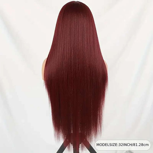 Heat resistant synthetic wig straight burgundy 32 inch 180% density kanekalon fiber back view