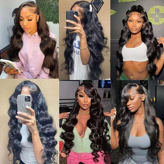 Woman wearing long wavy lace front wig showing natural movement and volume