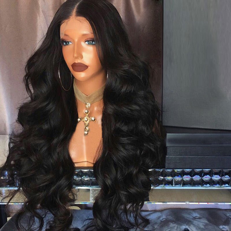 Luxe waves black synthetic wig mannequin display showing full volume and natural curly pattern