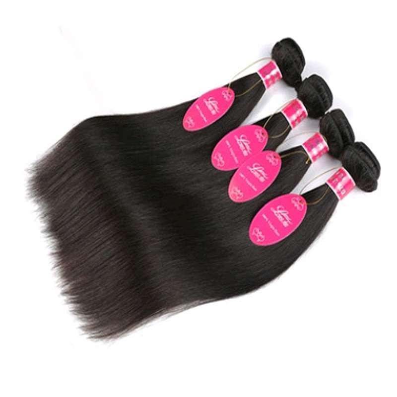 Natural black human hair extensions with 4x4 lace closure piece on white background display
