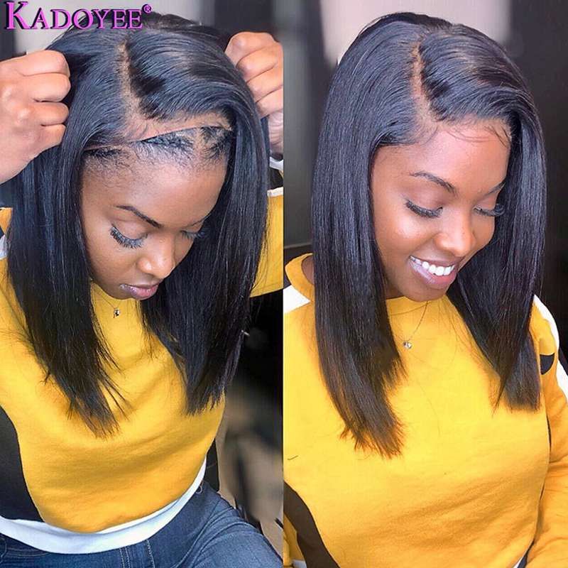 Human hair bob wig displayed in premium packaging box with product details and branding