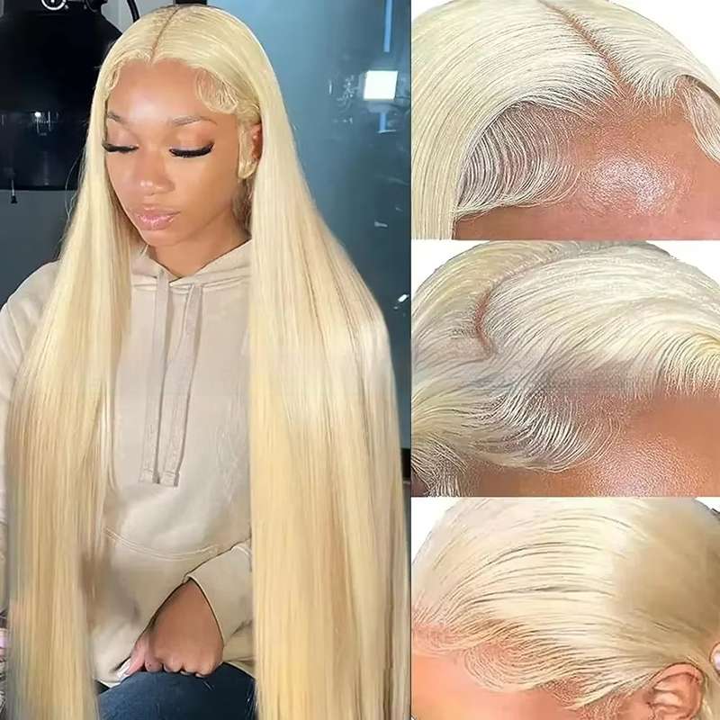 Platinum blonde straight human hair wig showcasing silky texture and natural shine, heat-resistant and customizable