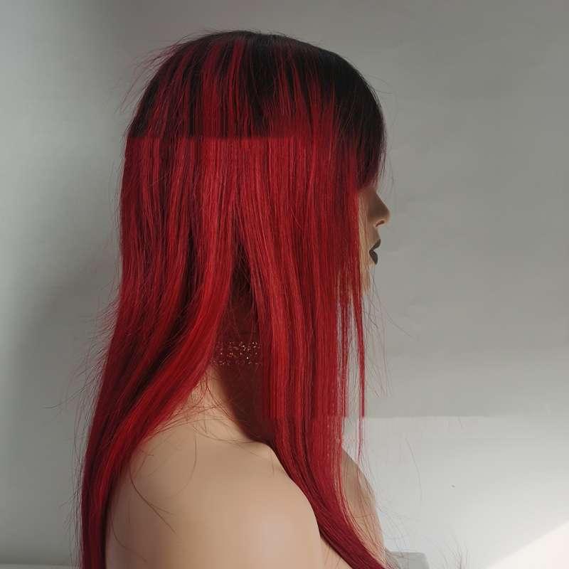 Side angle view of premium red human hair wig demonstrating comfortable lace front cap design