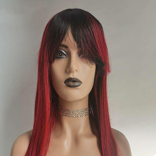 Woman wearing premium natural human hair lace front wig in vibrant red color showing silky straight texture