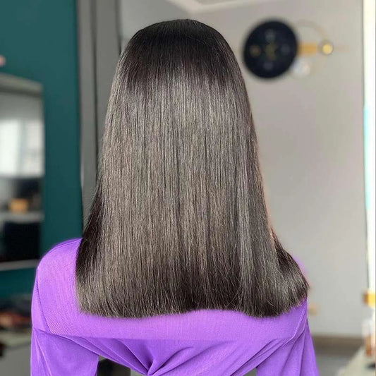 Bone straight human hair wig natural black 16 inch sleek texture back view length