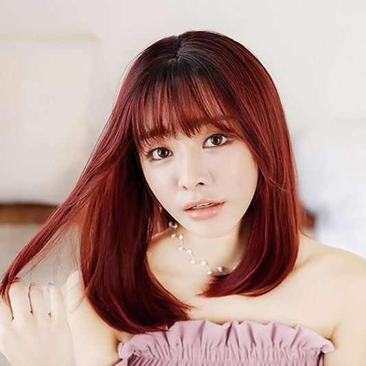 Woman wearing red-brown 45cm straight synthetic wig with natural movement and heat-resistant fiber quality