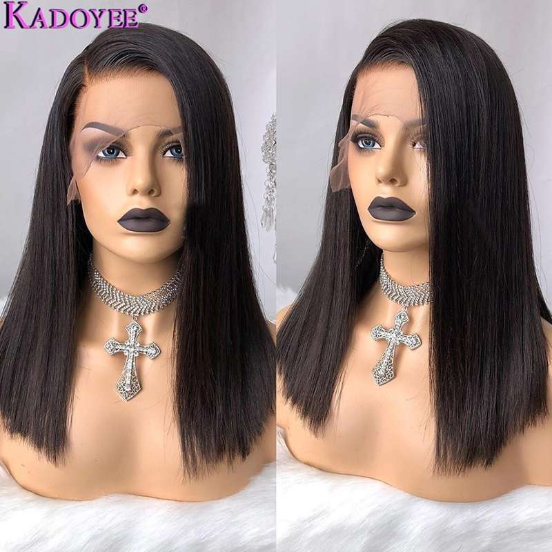 Side angle view of natural black human hair lace front wig showing texture and density on model