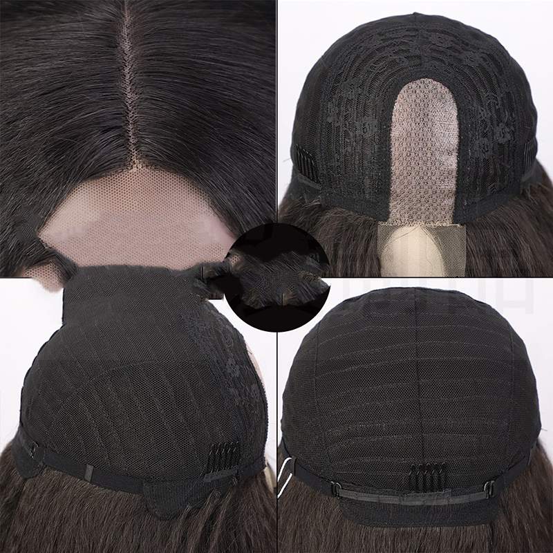 Side profile displaying 30 inch length heat resistant synthetic hair wig with seamless lace construction