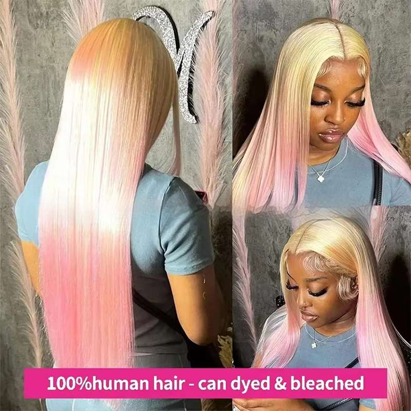 Full-length view of straight blonde human hair wig displaying smooth texture, voluminous 150% density and versatile styling