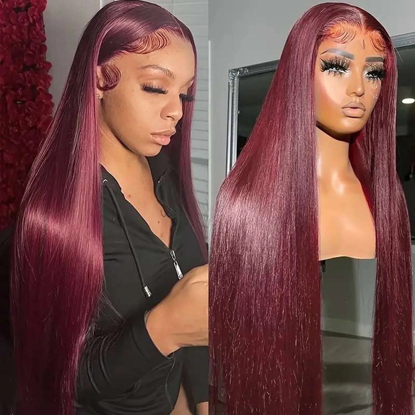 Burgundy lace front wig straight synthetic 32 inch pre-plucked baby hairs glueless design multiple angles