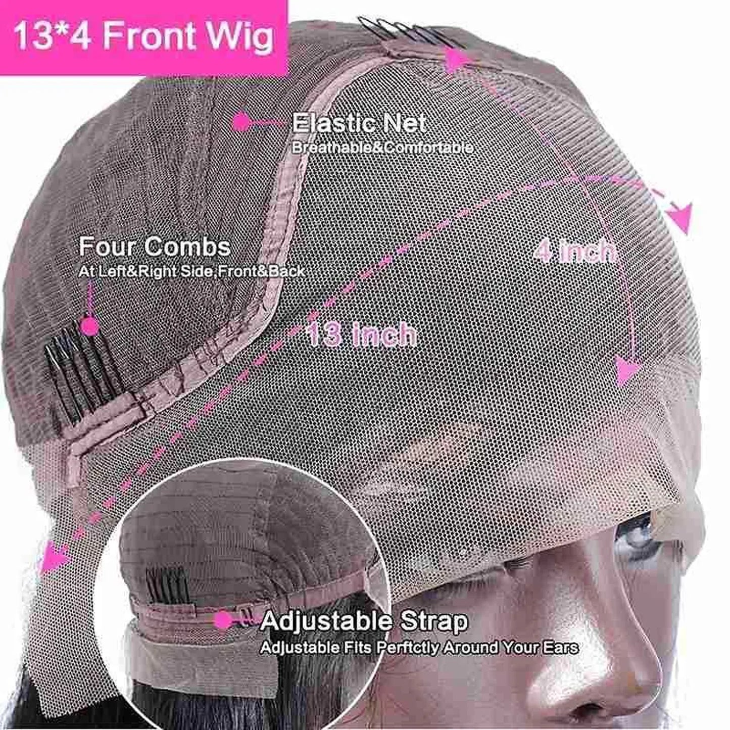 13x4 lace front wig cap construction elastic net four combs adjustable strap infographic diagram