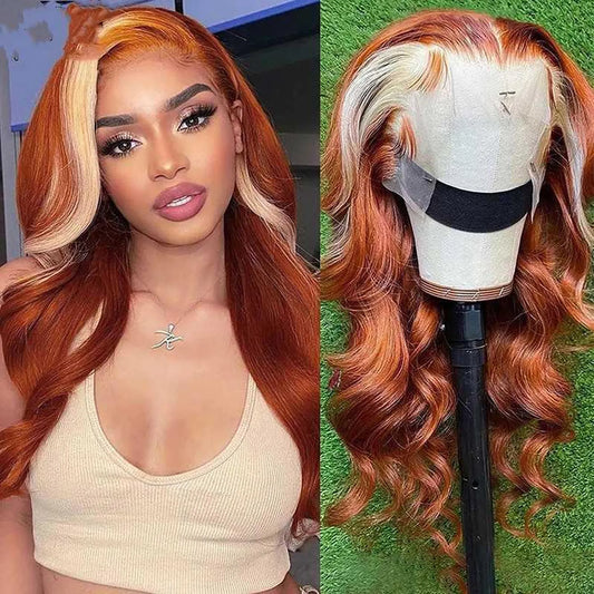 Wavy bronze 613 lace front wig cuticle aligned pre-plucked baby hairs comparison view