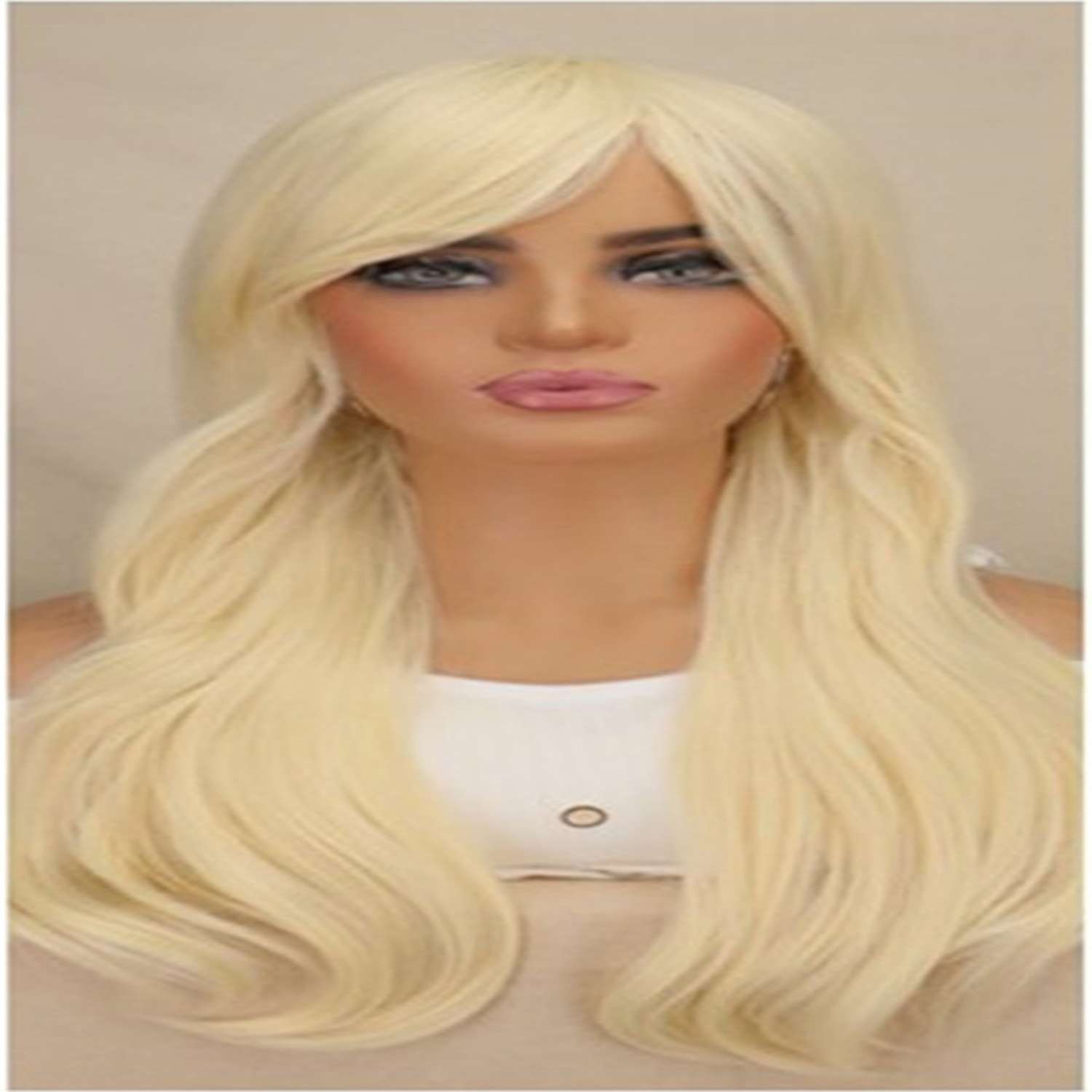 Model wearing blonde synthetic wig demonstrating comfortable everyday wear and natural look