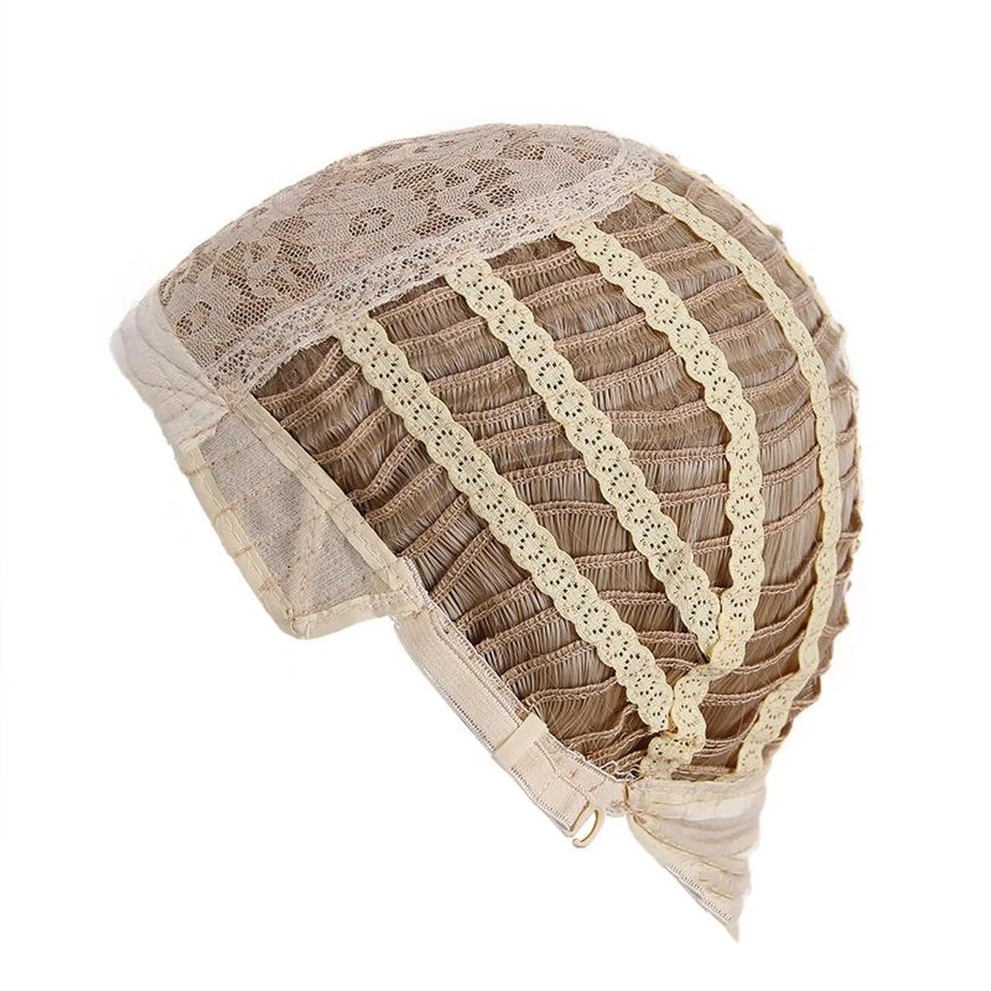 Synthetic wig cap construction detail breathable mesh base adjustable straps inside view closeup