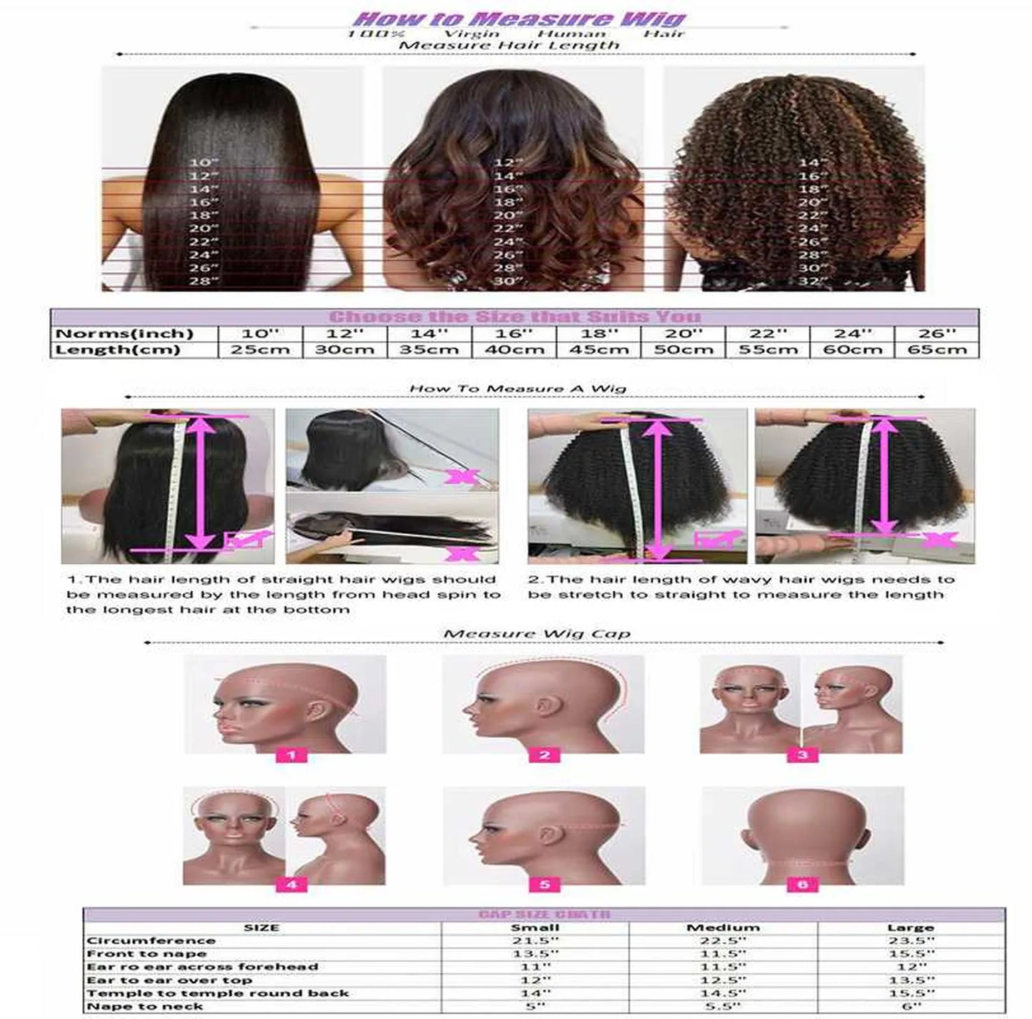 Lace front wig measurement sizing chart parting space cap size guide reference