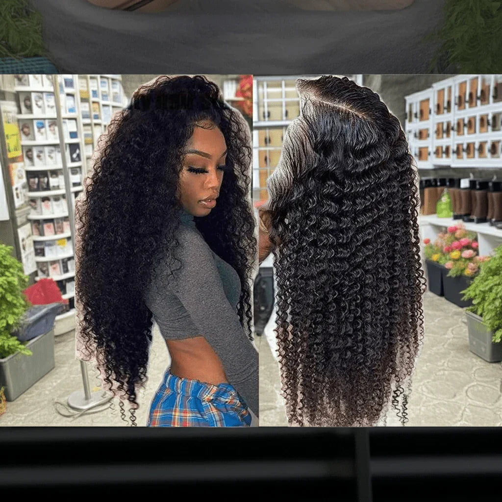 Full-length view of woman wearing Brazilian kinky curly wig with confident styling and natural flow