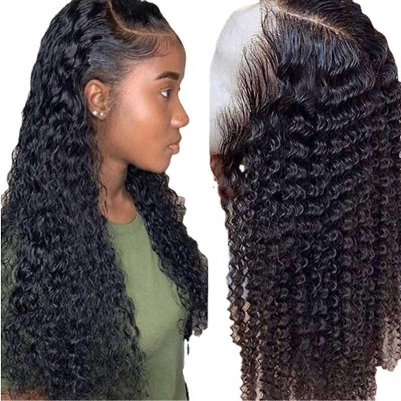 Woman wearing kinky curly lace front wig shown from side angle with natural hairline blending
