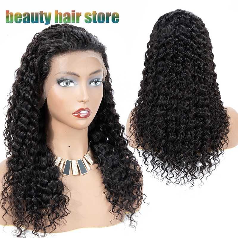 Mannequin displays long black curly lace front wig at beauty hair store