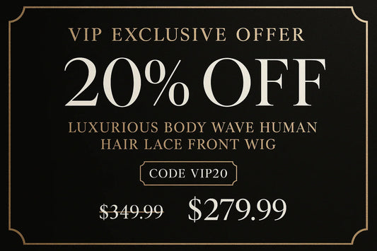 20% off VIP offer banner for luxurious body wave human hair lace front wig, code VIP20