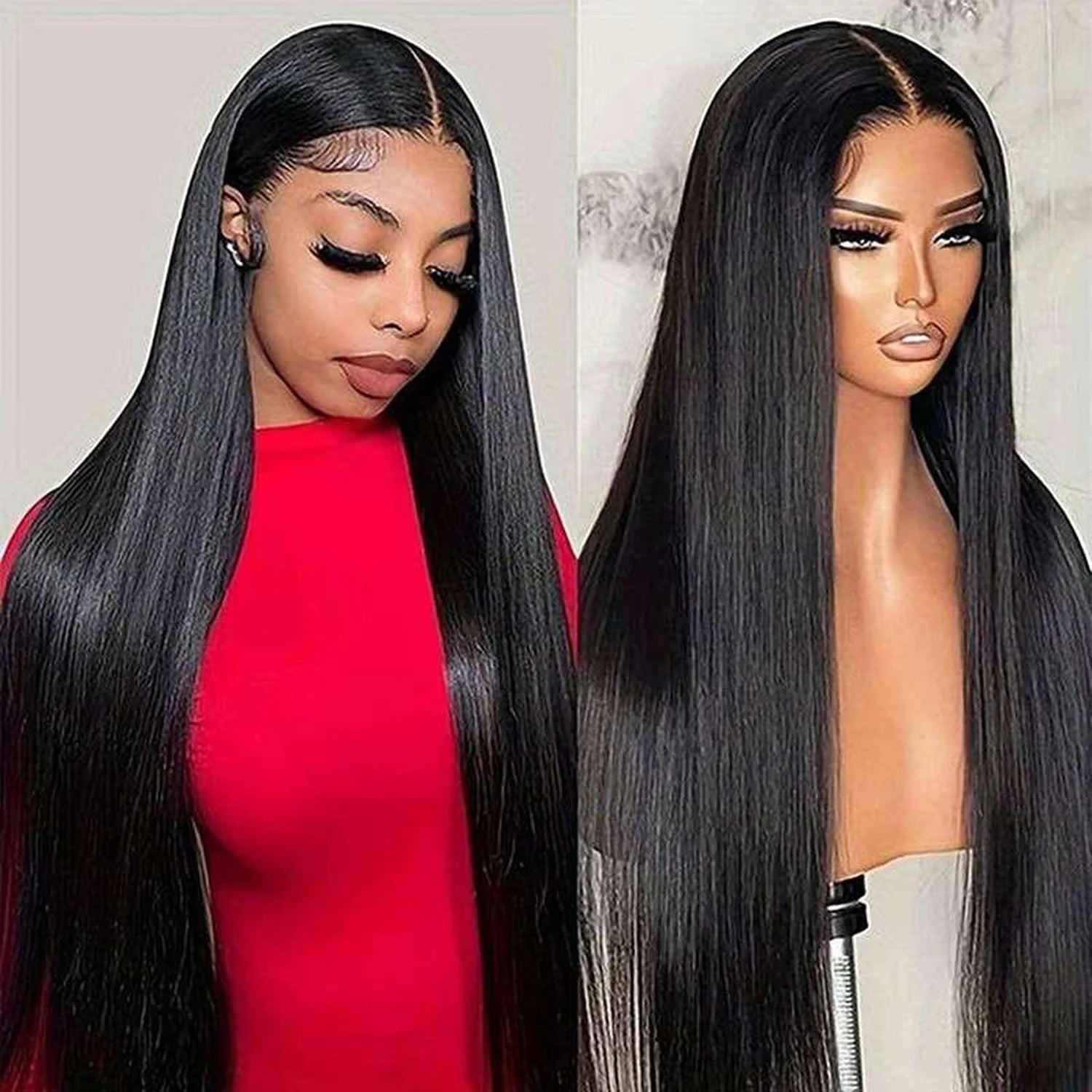 Straight lace front wig HD transparent lace natural black pre-plucked hairline closeup detail
