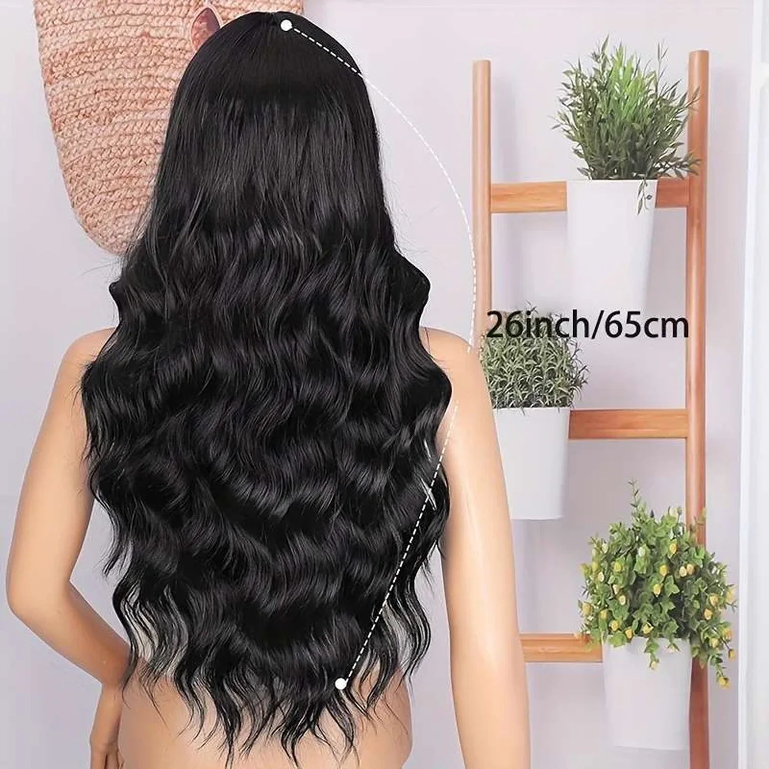 Synthetic wavy wig 26 inch full length, natural black color, flowing movement, long hair display