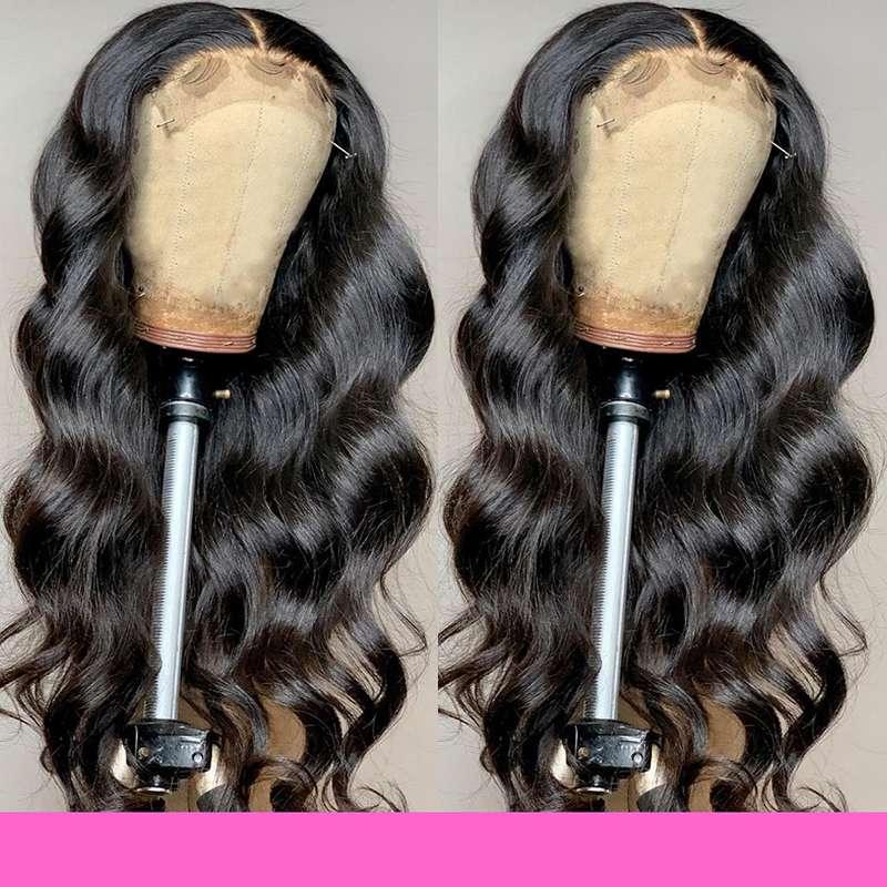 Dual body wave wig front view, 4x4 HD lace, pre-plucked hairline, virgin remy, natural black