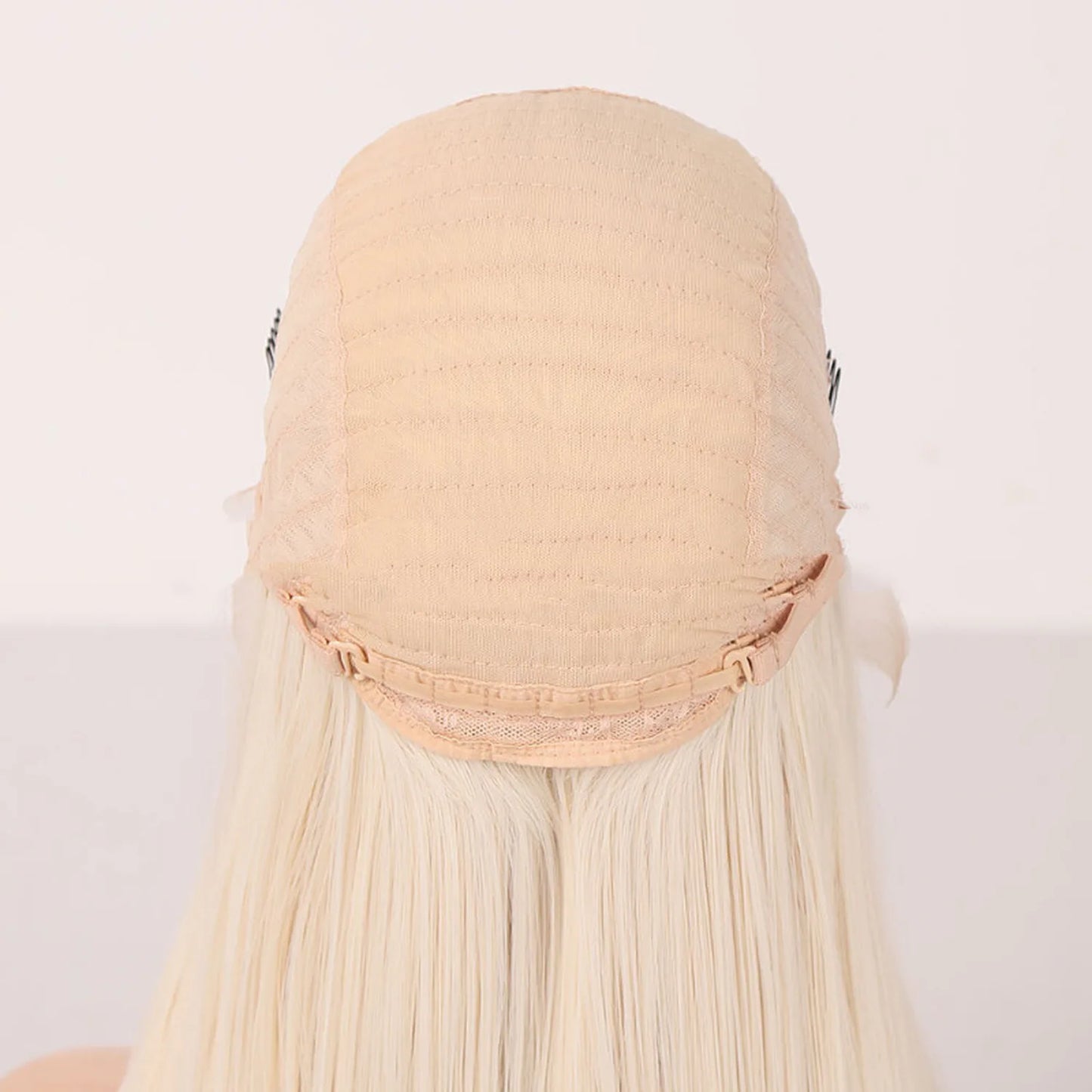 613 blonde lace wig cap back clips adjustable straps platinum hair back view