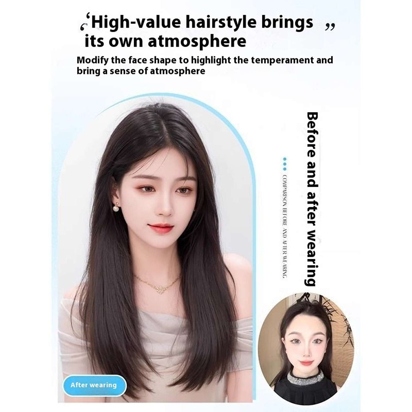 Before and after transformation showing brown-black wig with Chinese bangs styling versatility and face-framing effect
