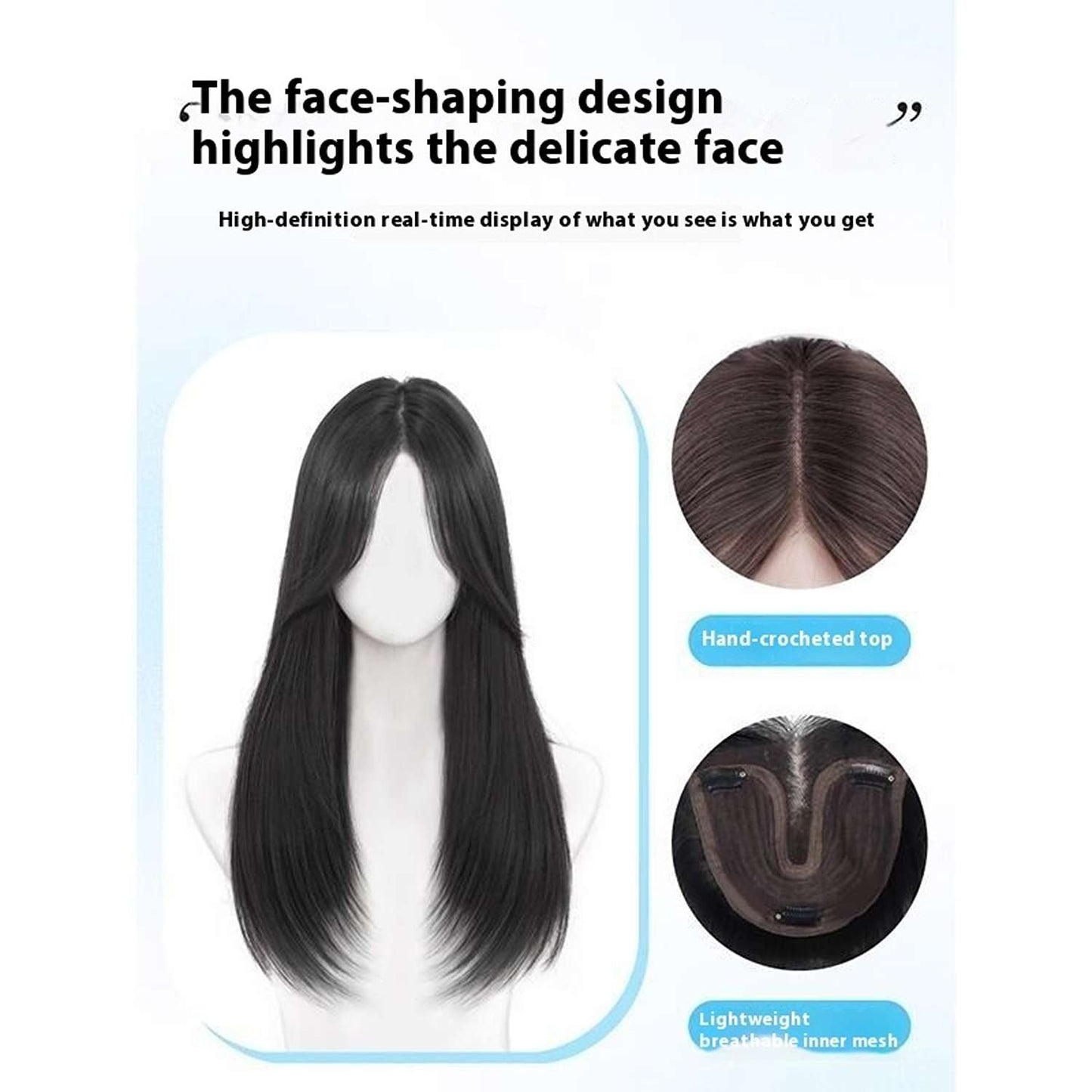 Brown-black synthetic wig with face-shaping Chinese bangs design showing flattering cut and natural appearance

