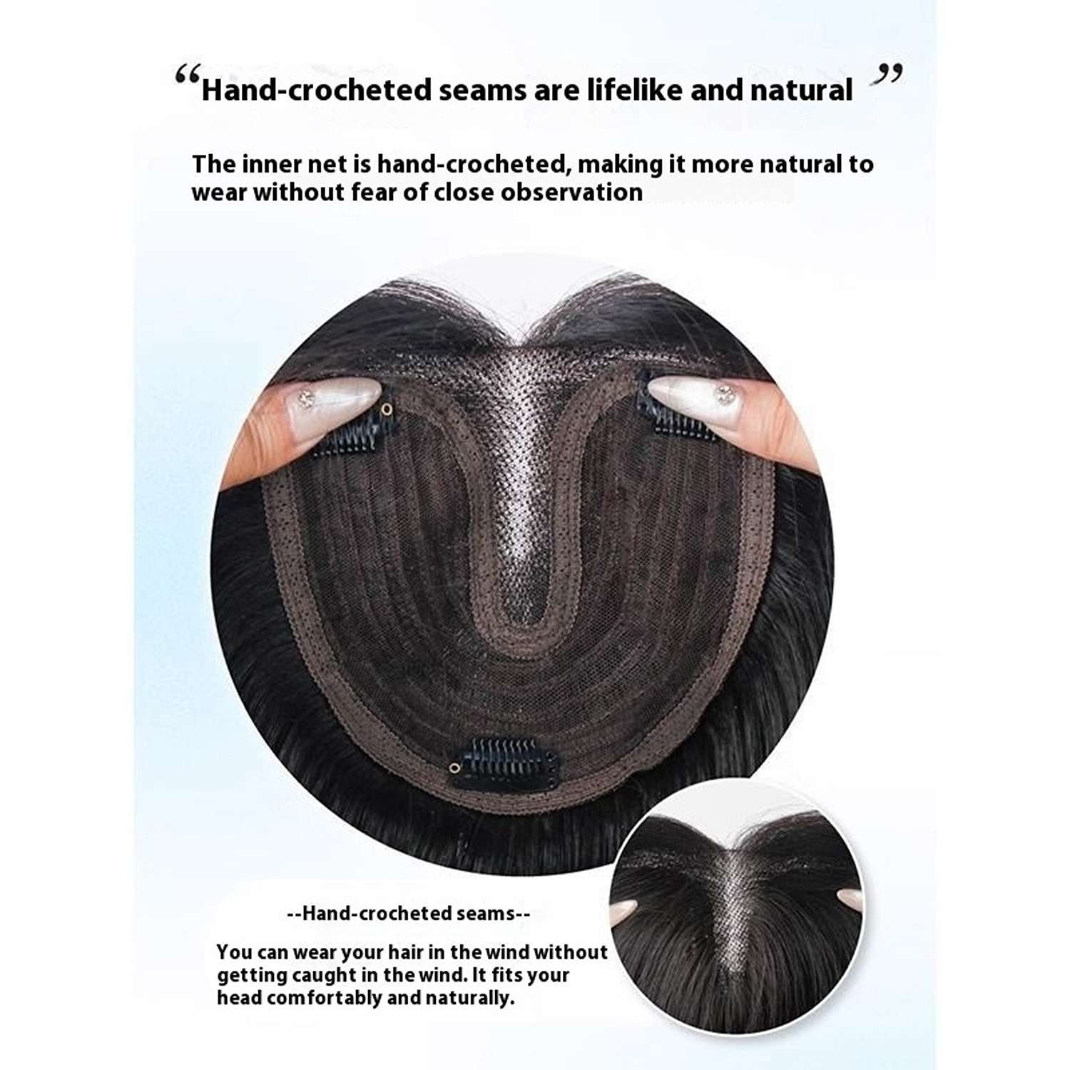 Close-up detail of hand-crocheted wig cap seams showing quality construction and comfortable natural feel
